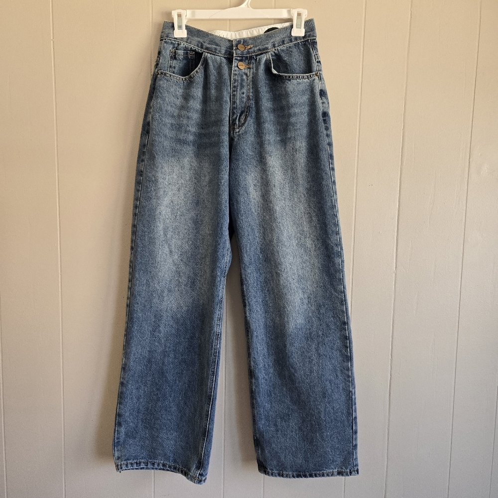 Jikichi wide leg jeans Korean brand loose baggy fit blue wash size S